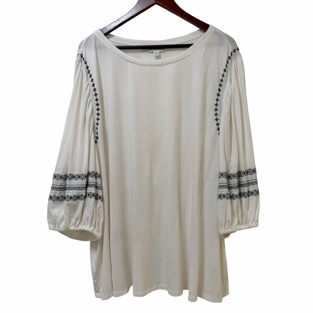 J Jill Womens Embroidered Peasant 3/4 Sleeve Top Size 4X White Casual Everyday